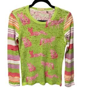 Before + Again Long Sleeve Fox Print Striped Burnout T Shirt Green Pink Size XS